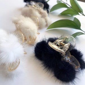 Small Mink Pom Pom Hair Clip Hair Jaw Claw • Black Tan or White • Genuine Fur